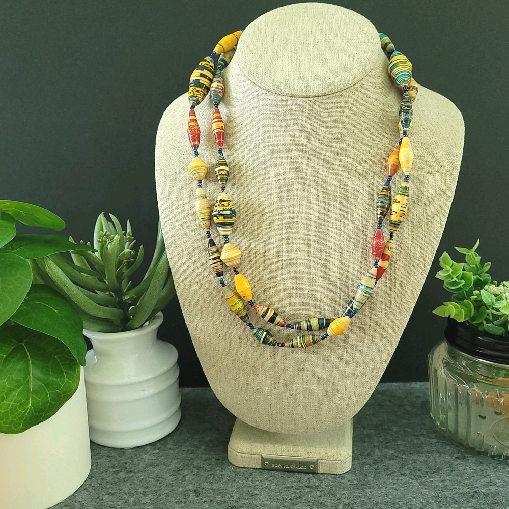 Handmade Recycled Paper Bead Double Strand Multicolor Necklace 40in